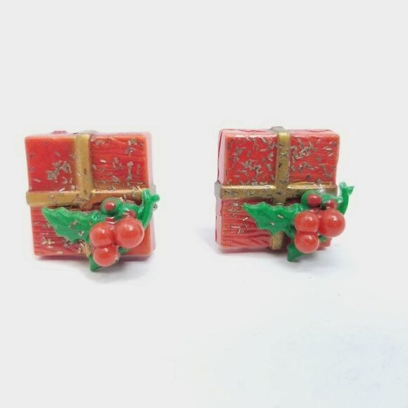 Vintage Christmas Present Clip On Earrings Red Green Holiday Gift, Retro Estate - Picture 5 of 5